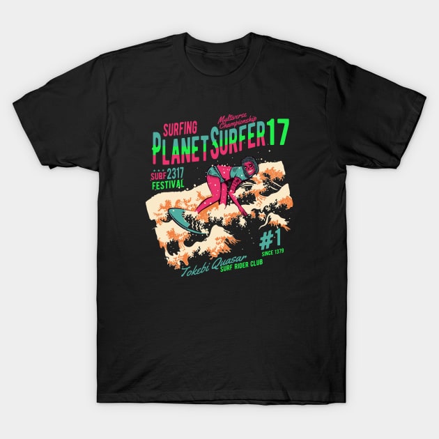 Planet Surfer Sci-Fi Skull Design Retro Futuristic Waves T-Shirt by TOKEBI